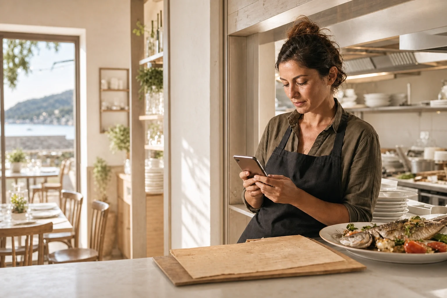 Restaurant owner with a finished digital menu in a bright daytime kitchen