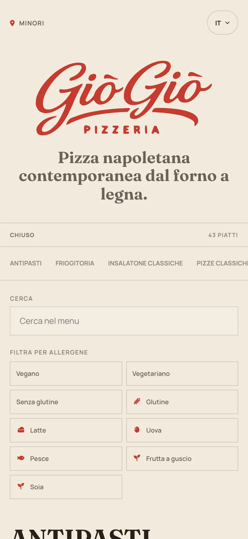 Finished Giò Giò Pizzeria digital menu